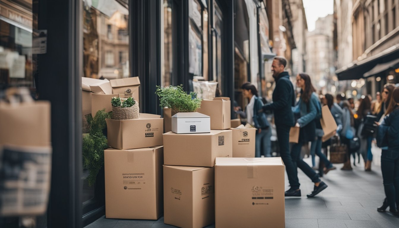 A bustling city street with diverse businesses showcasing eco-friendly packaging innovations in their storefront displays. Recyclable materials and biodegradable packaging are prominently featured