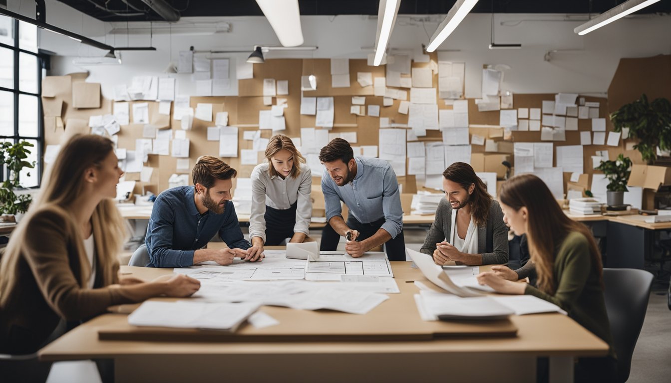 A bustling office with employees brainstorming and collaborating on eco-friendly packaging designs and innovations. A wall covered in sketches and diagrams, and a table strewn with sustainable materials and prototypes