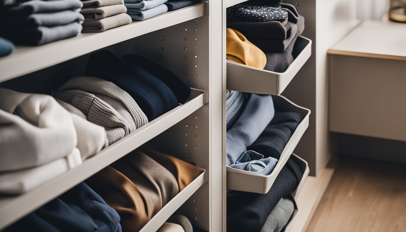 A neatly organized wardrobe with eco-friendly clothing, labeled bins, and a recycling station for old garments