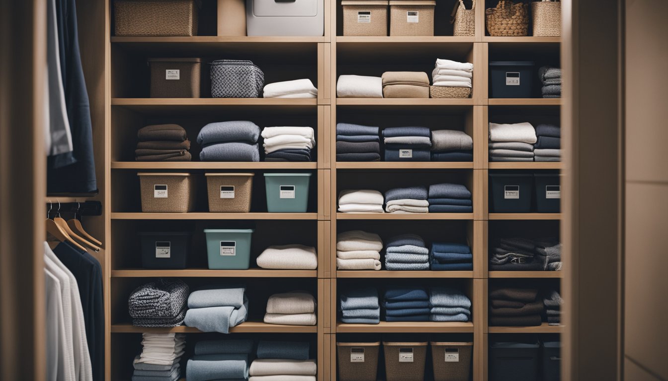 A neatly organized closet with labeled bins for different clothing items, a rack of sustainably made clothes, and a recycling bin for old textiles