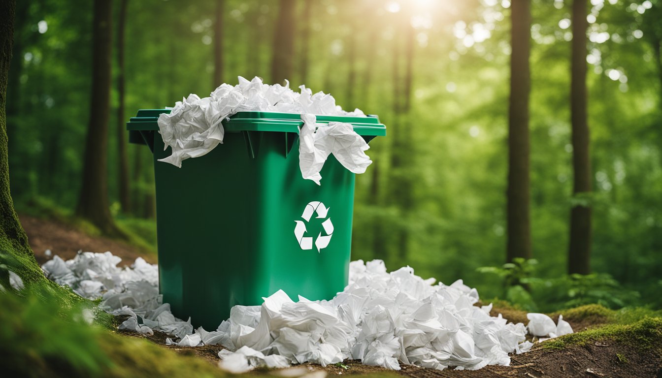 A recycling bin overflowing with crumpled paper, surrounded by a lush green forest and a clear blue sky