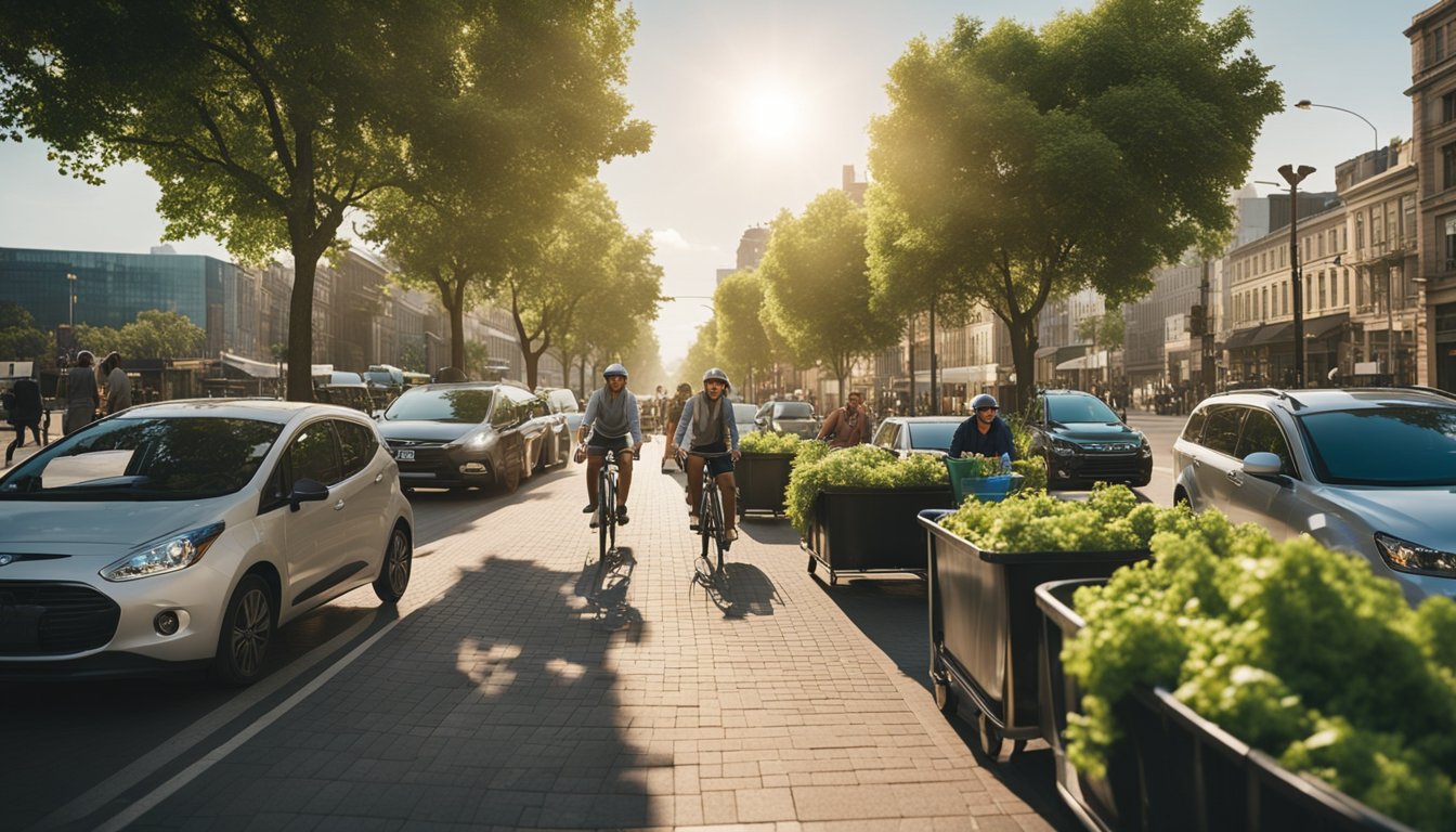 A bustling city street with people riding bicycles, using reusable bags, and recycling bins. Solar panels on rooftops and greenery throughout