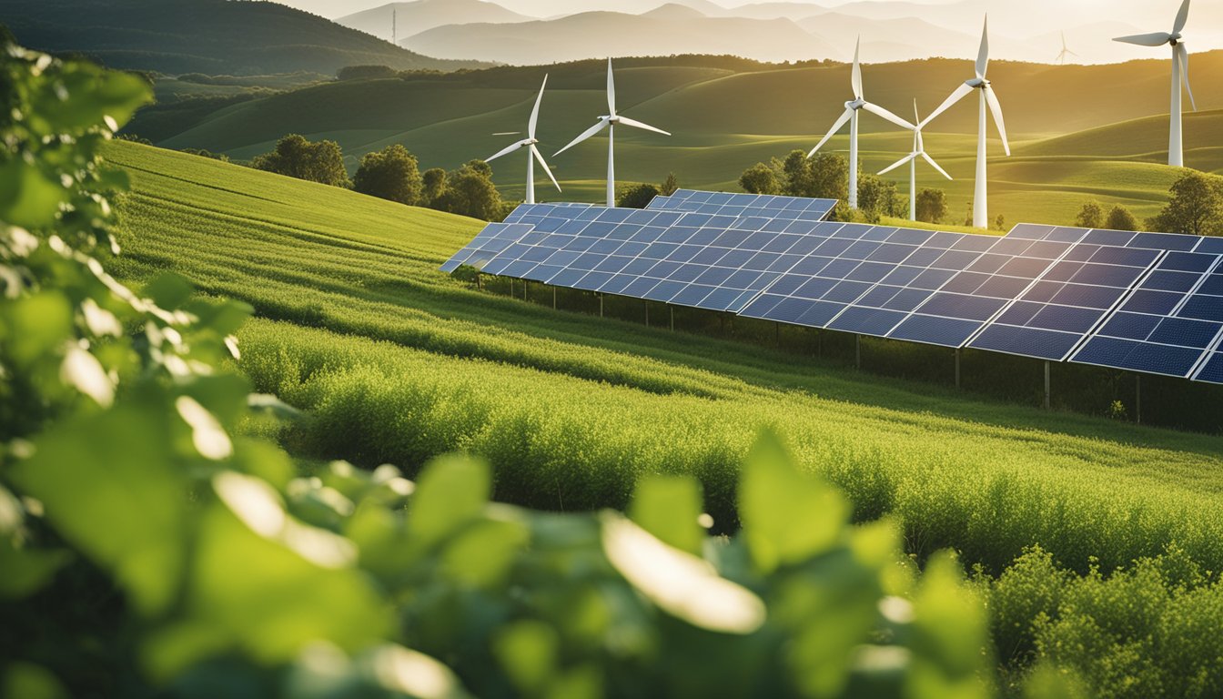 A serene countryside landscape with wind turbines, solar panels, recycling bins, and lush greenery