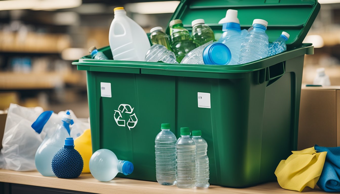 A recycling bin surrounded by various eco-friendly items like reusable water bottles, cloth shopping bags, and energy-efficient light bulbs