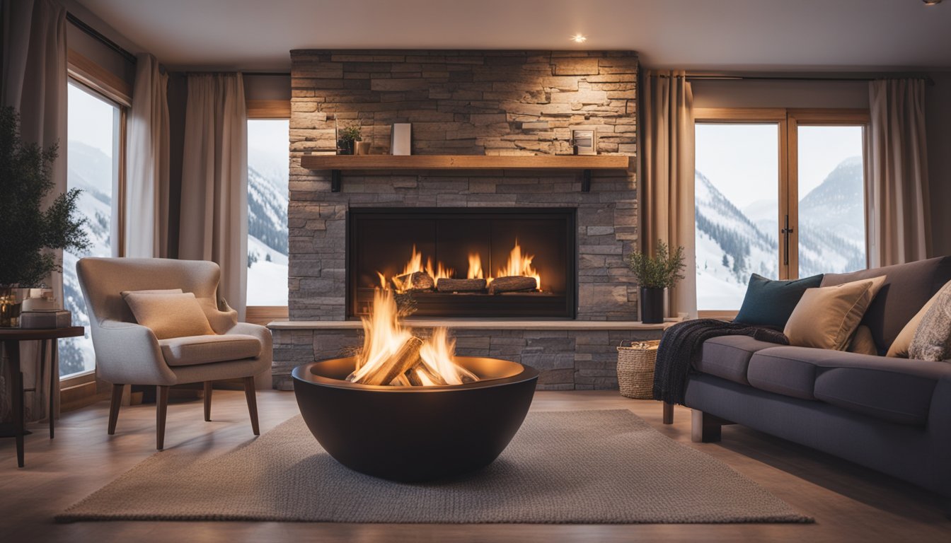 A cozy living room with energy-efficient windows, thick curtains, and a programmable thermostat. A crackling fire in the fireplace and warm blankets complete the eco-friendly scene