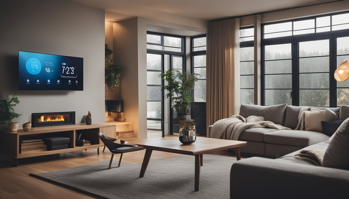 A cozy living room with a smart thermostat controlling the temperature, energy-efficient windows, and warm blankets