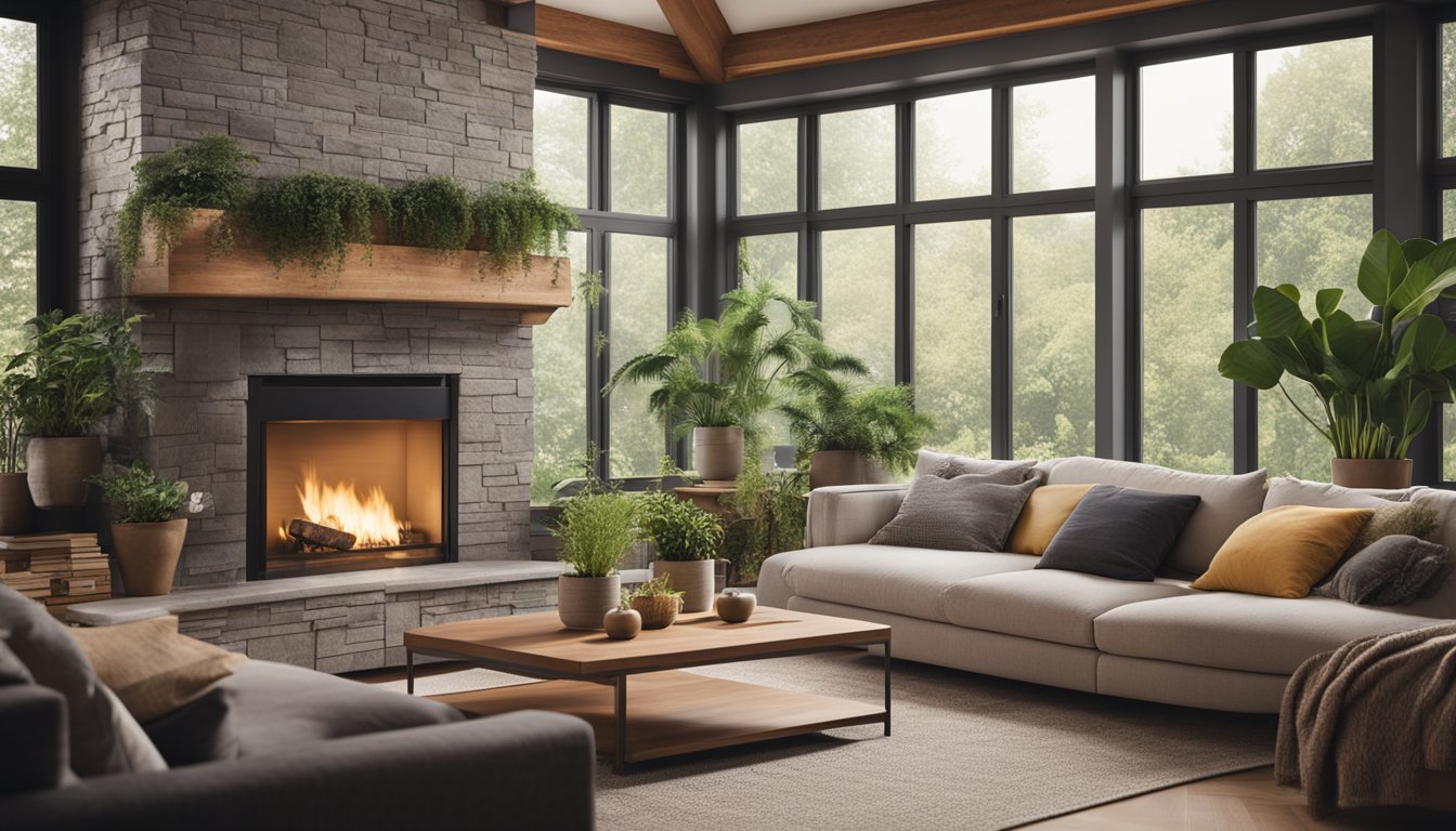 A cozy living room with a crackling fireplace, surrounded by energy-efficient appliances and insulated windows. The room is adorned with plants and sustainable decor