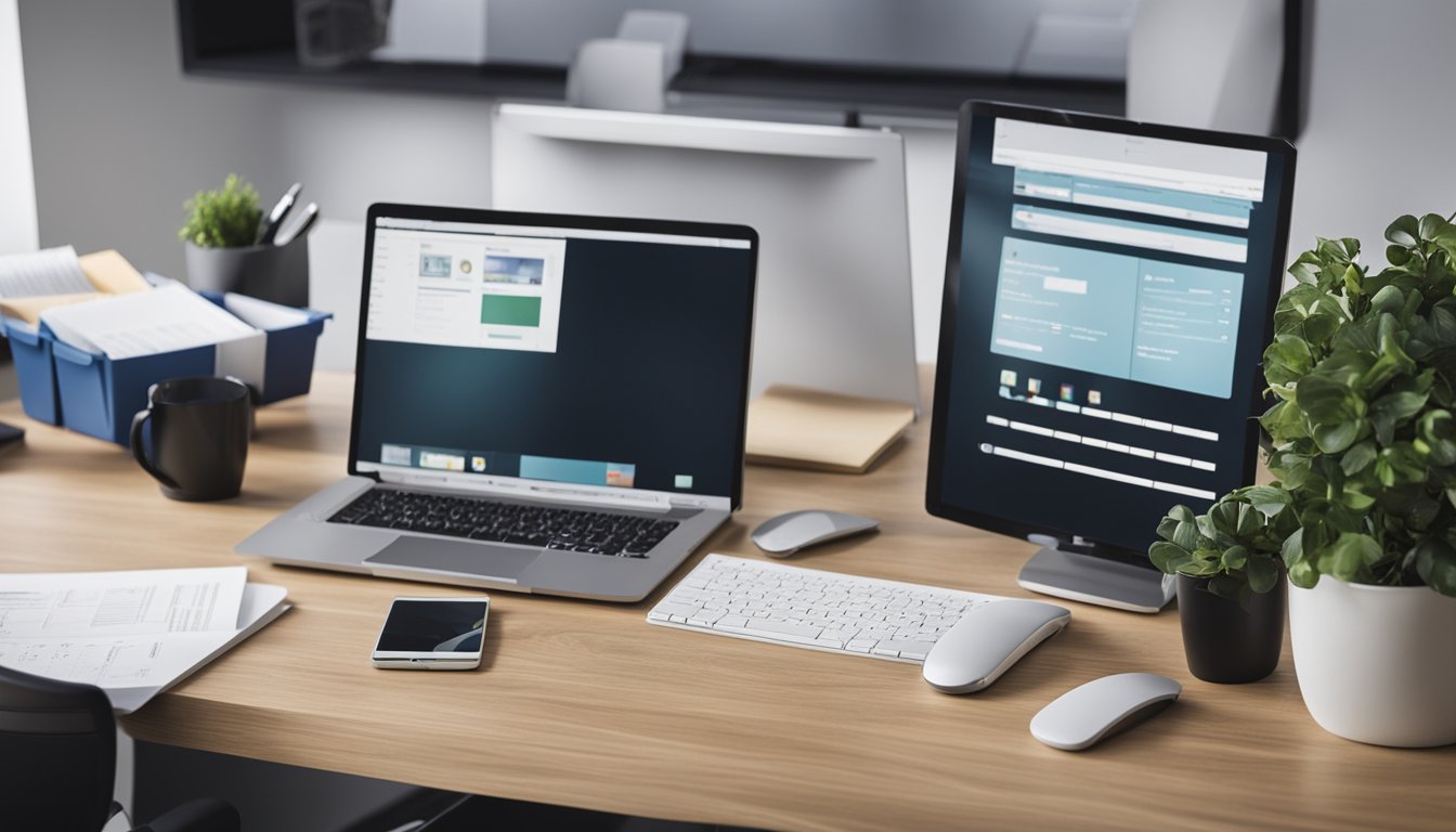 An office desk with a computer, tablet, and smartphone, surrounded by digital files and a recycling bin for paper waste