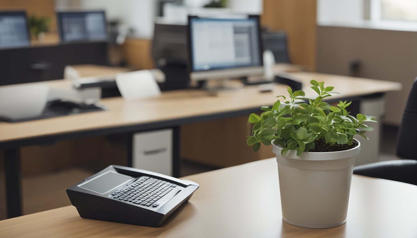 An office desk with a recycling bin, a digital tablet, and a potted plant. A stack of paper is being placed into the recycling bin