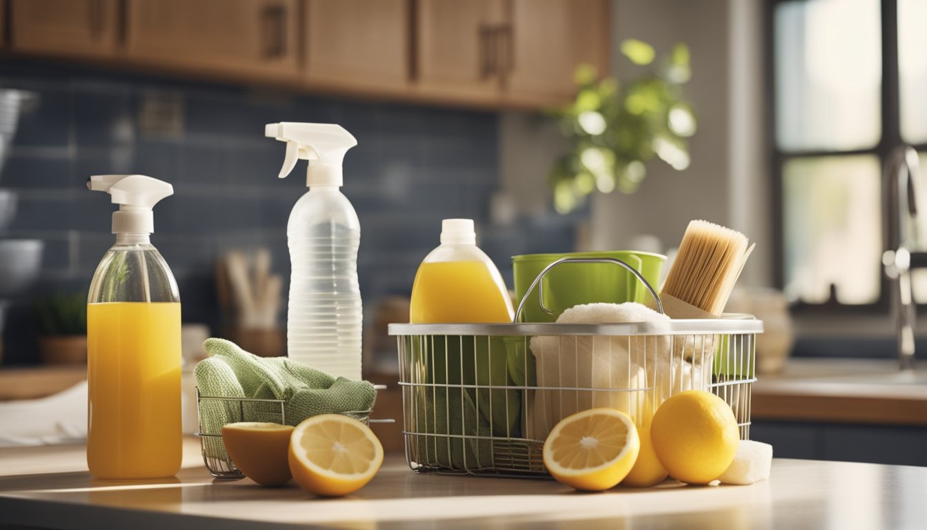 A sunny kitchen with reusable cleaning supplies, natural ingredients, and a recycling bin for eco-friendly home cleaning