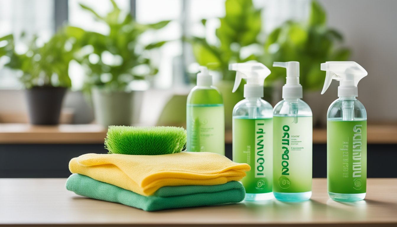 A collection of eco-friendly cleaning products arranged on a shelf, with a plant and reusable cleaning cloths nearby