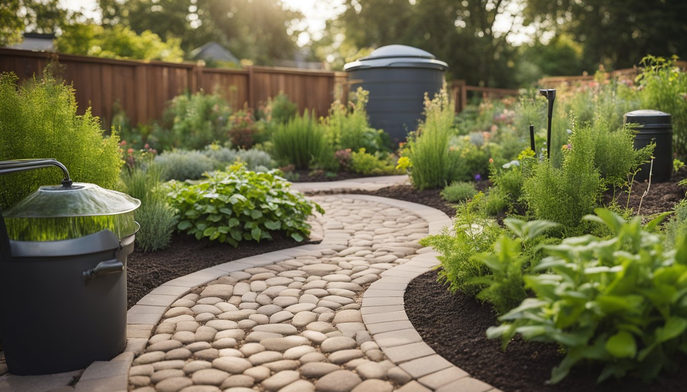 A lush garden with native plants, rain barrels, and a drip irrigation system, surrounded by permeable pavers and a rain garden to capture and filter runoff