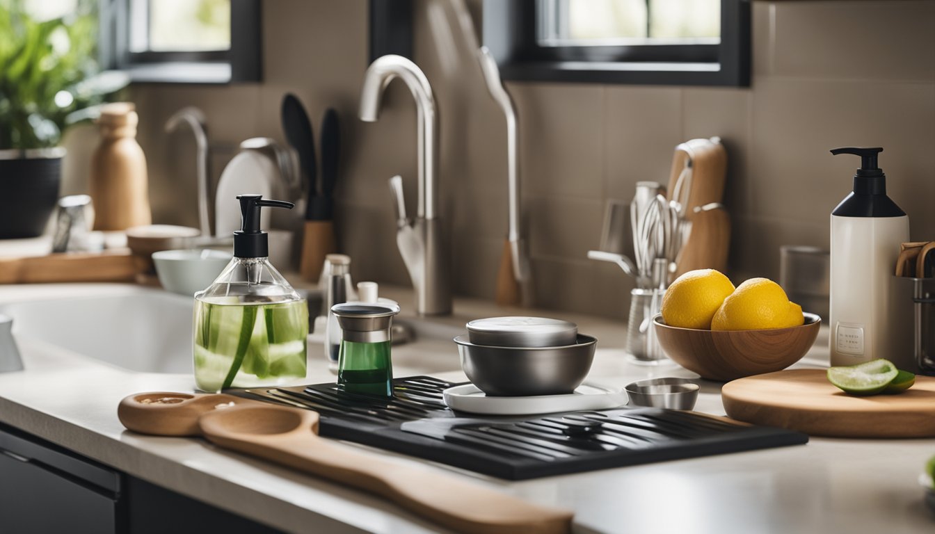 A diverse array of eco-friendly household items and water-saving tools arranged on a kitchen counter