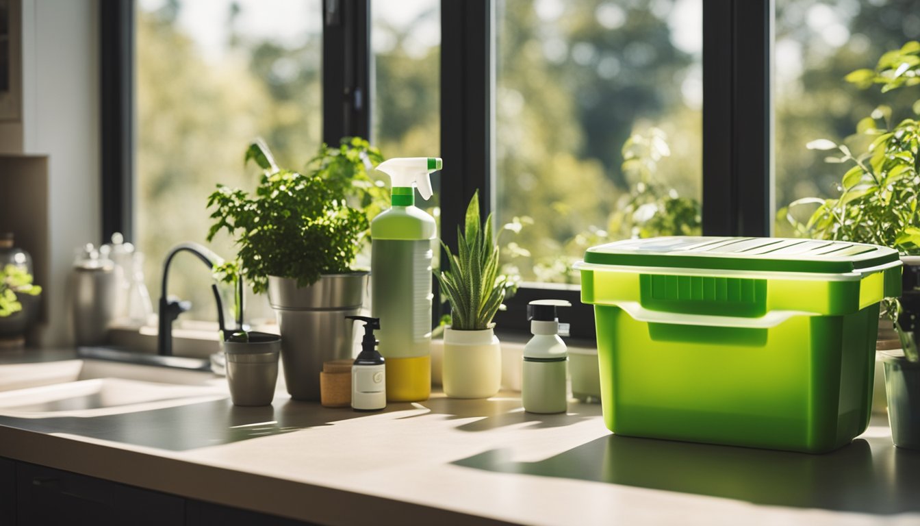 A sunny kitchen with reusable cleaning supplies, a compost bin, and a recycling station. Plants on the windowsill and natural light streaming in