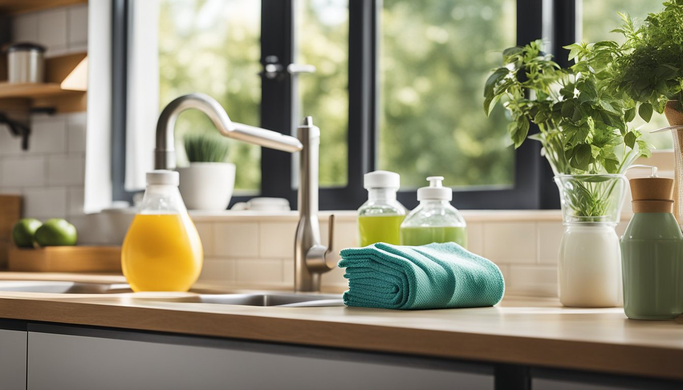 A kitchen counter with natural cleaning products, reusable cloths, and a compost bin. Open windows let in sunlight and fresh air