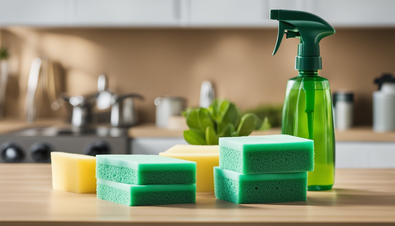 A kitchen counter with reusable cleaning supplies and a compost bin. A plant-based spray bottle and cloth are next to a stack of biodegradable sponges