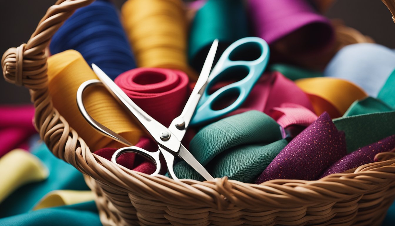 A colorful array of fabric scraps arranged in a basket, with a pair of scissors and a sewing needle nearby