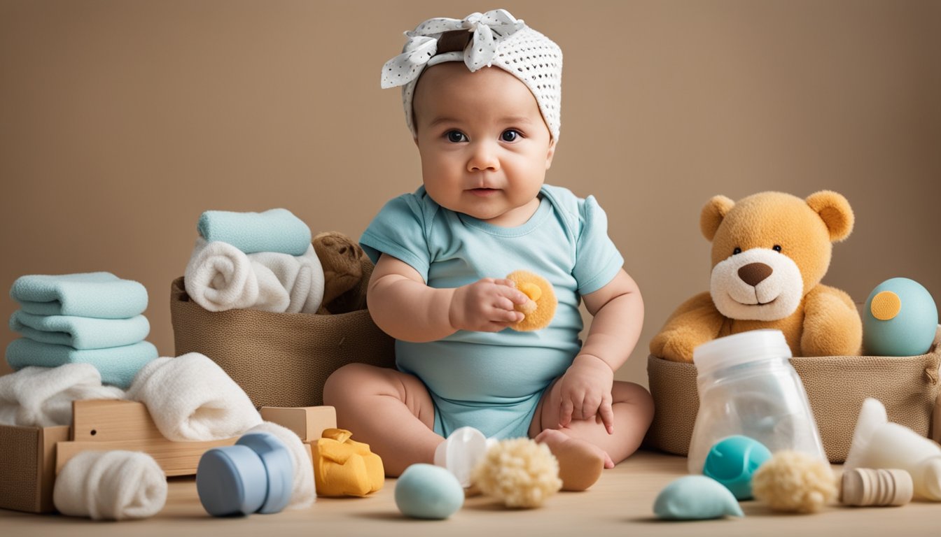 A baby surrounded by eco-friendly toys and products, with sustainable materials and packaging. Organic cotton clothing and reusable diapers also present