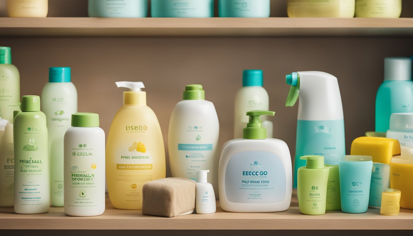 A colorful array of eco-friendly baby products arranged on a shelf with labels indicating "Frequently Asked Questions."