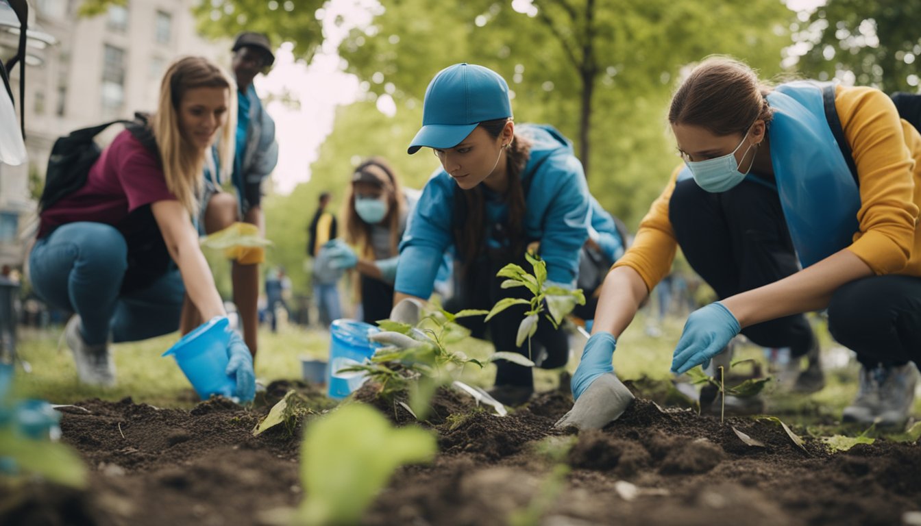 A group of volunteers plant trees, pick up trash, and paint over graffiti in a park, while others distribute reusable bags and water bottles to participants