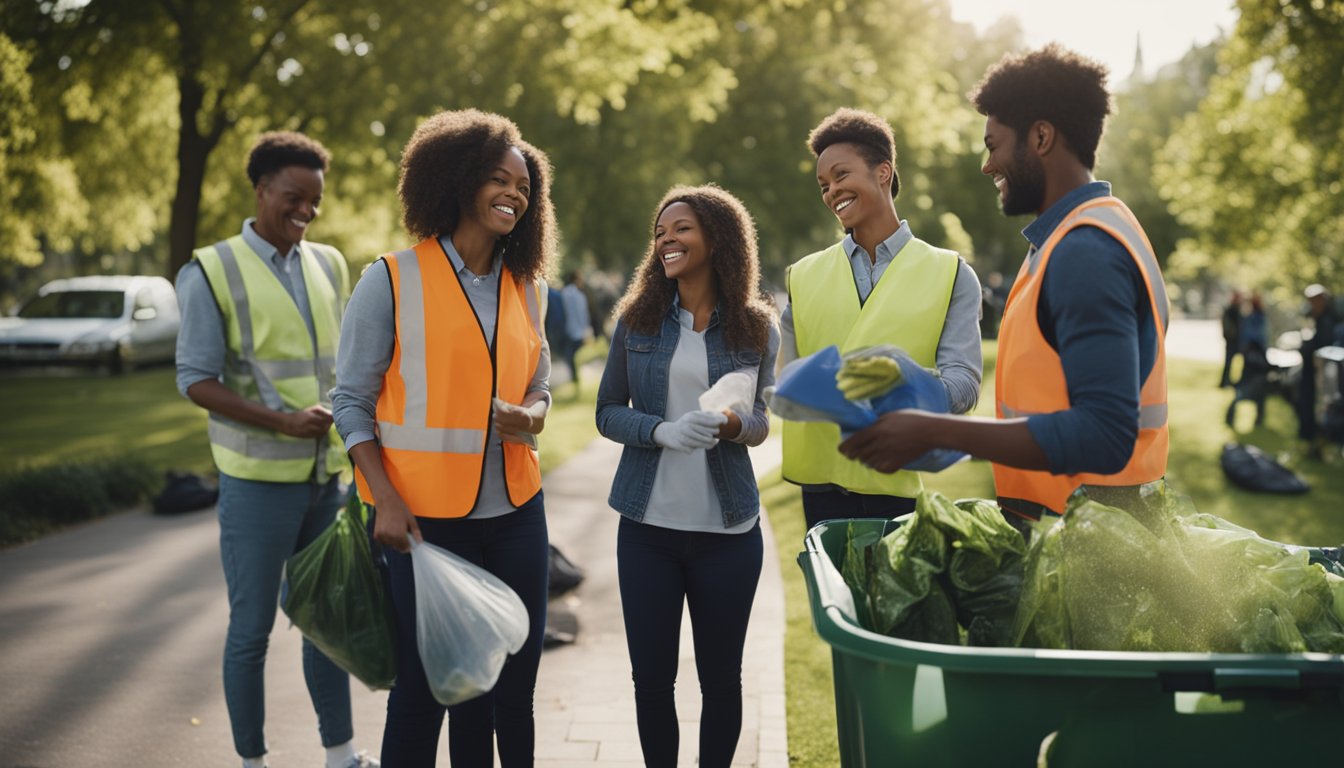 A group of people gather in a park, picking up litter and sorting it into recycling bins. They smile and chat as they work together to clean up the community