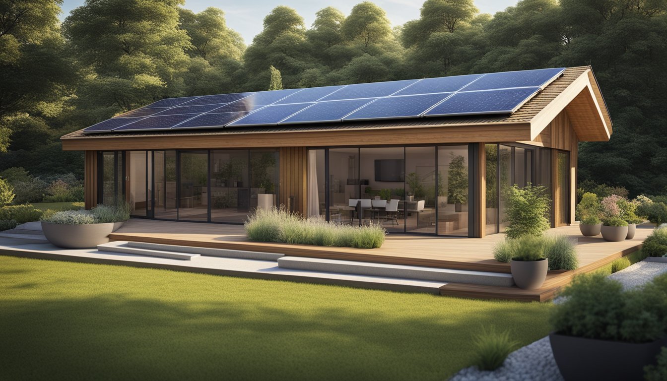 A cozy home with thick insulation, energy-efficient windows, and sustainable building materials. Solar panels on the roof and a lush garden complete the eco-friendly renovation