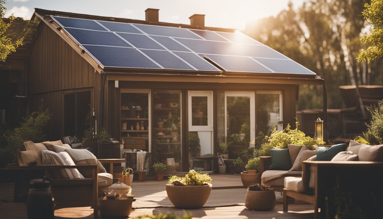 A cozy, sunlit living room with homemade solar panels on the roof, a DIY composting system, and repurposed furniture made from recycled materials