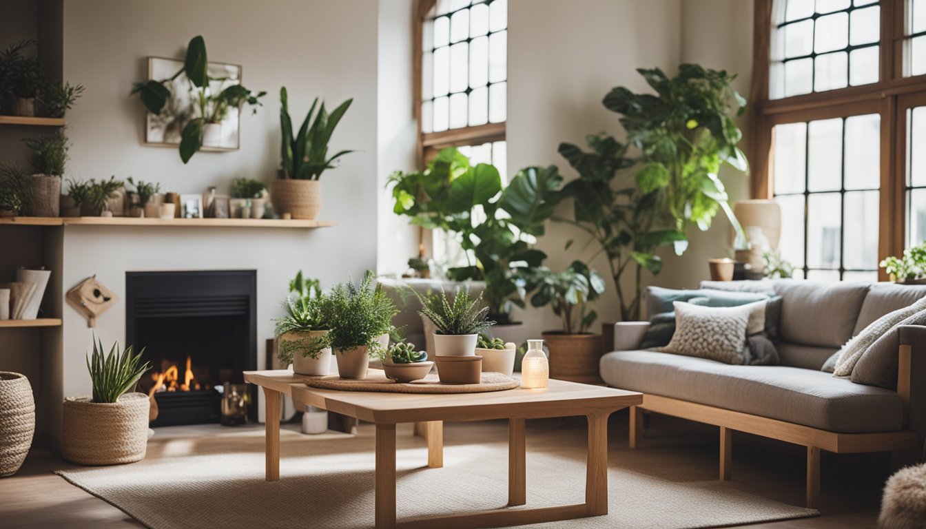 A cozy living room with various eco-friendly DIY projects on display, such as upcycled furniture, homemade natural cleaners, and potted plants