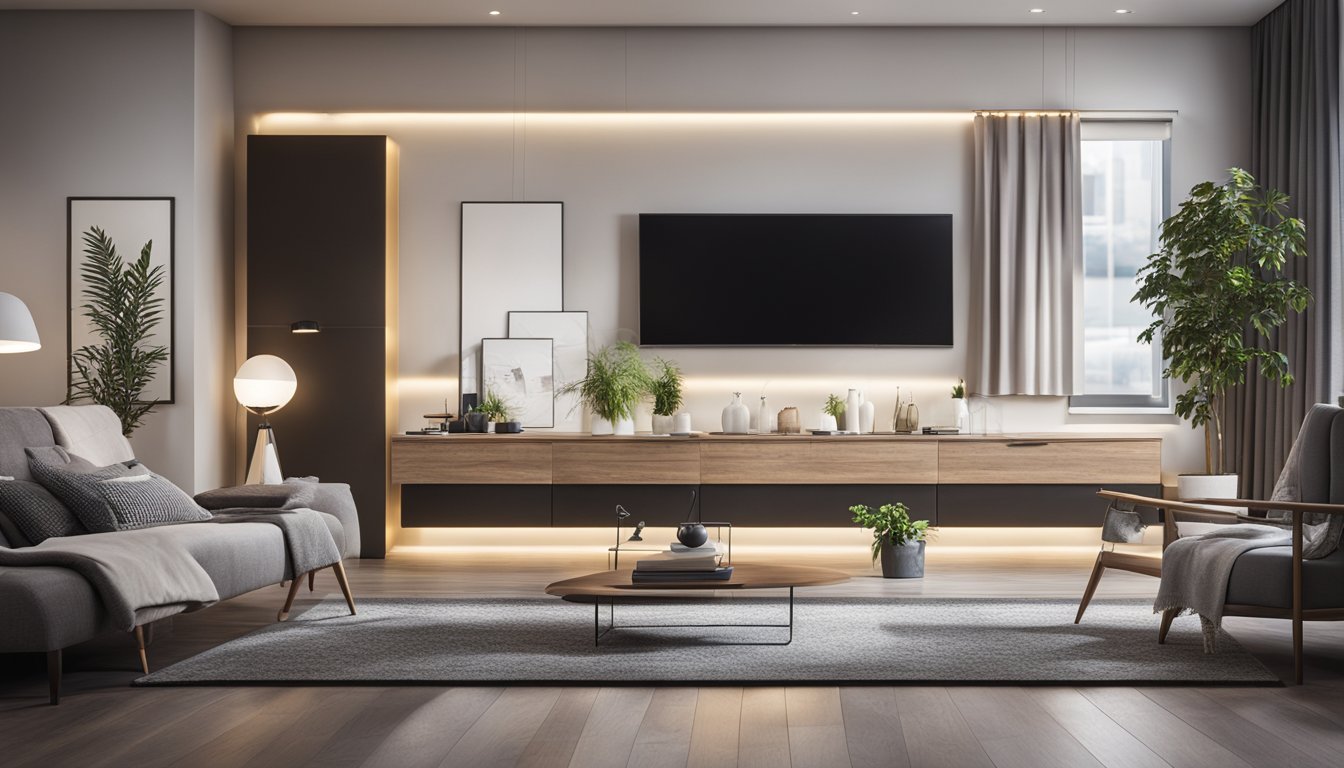 A modern living room with LED lights, natural daylight, and smart lighting controls