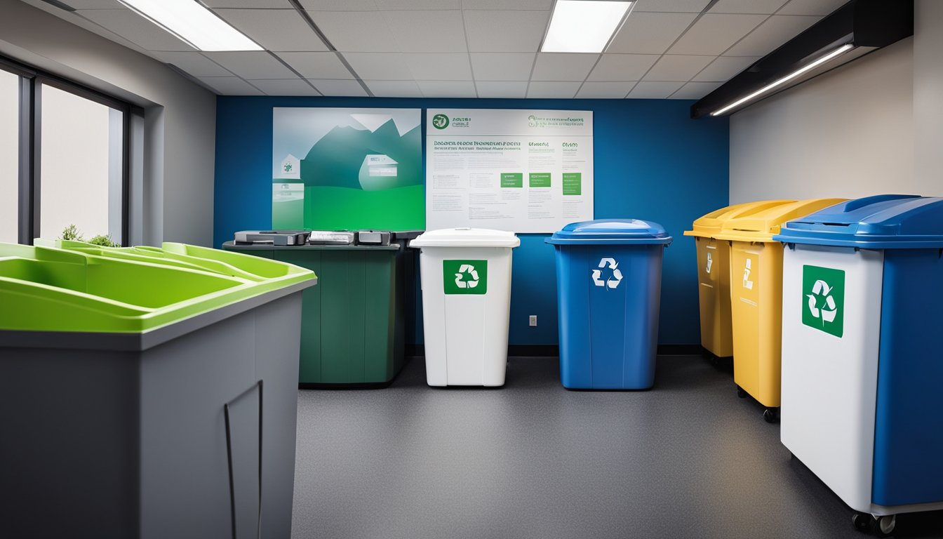 An office setting with recycling bins for paper, plastic, and glass. Energy-efficient lighting and electronic equipment. A composting area for food waste