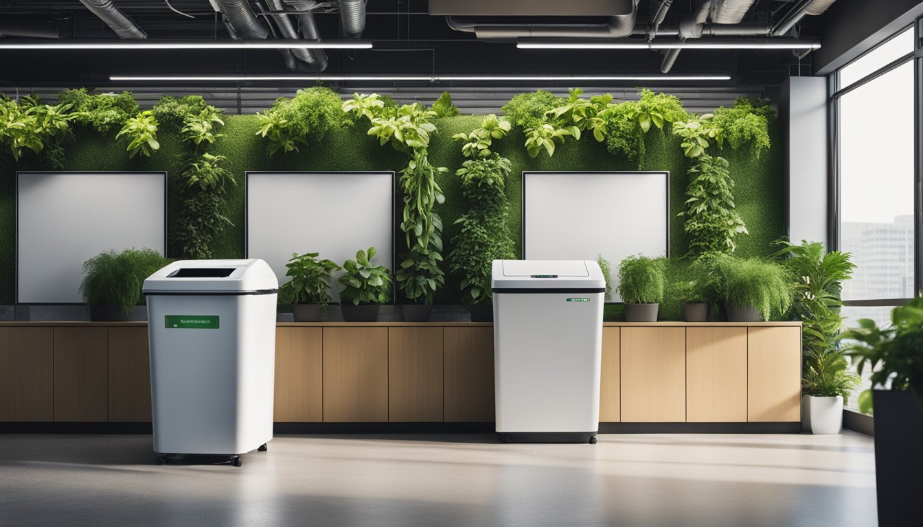 An office setting with recycling bins, composting containers, and energy-efficient appliances. A green plant wall and natural lighting add to the sustainable atmosphere