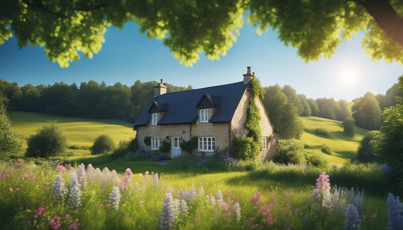 A serene countryside landscape with a cozy, eco-friendly holiday cottage nestled among lush green trees, surrounded by a clear blue sky and vibrant wildflowers