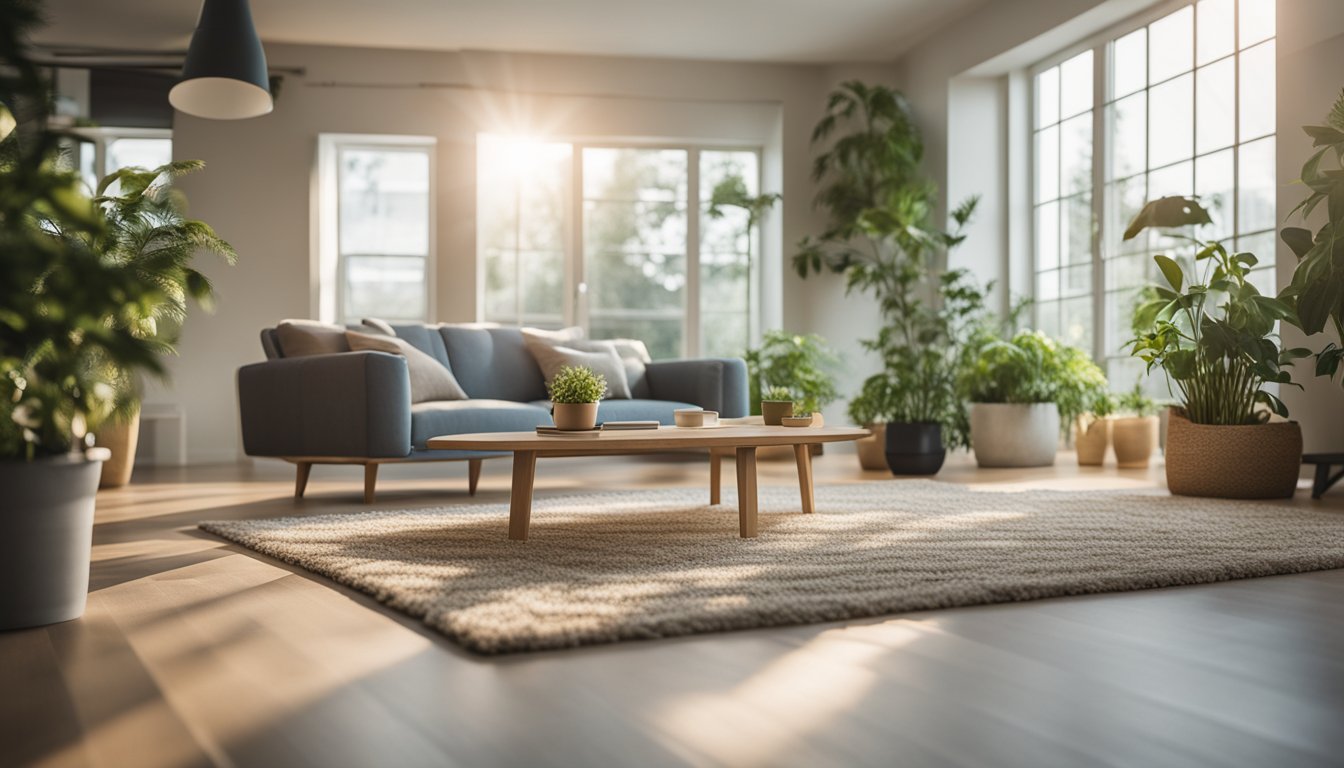 A living room with eco-friendly carpeting made from sustainable materials, surrounded by potted plants and natural light filtering in through large windows