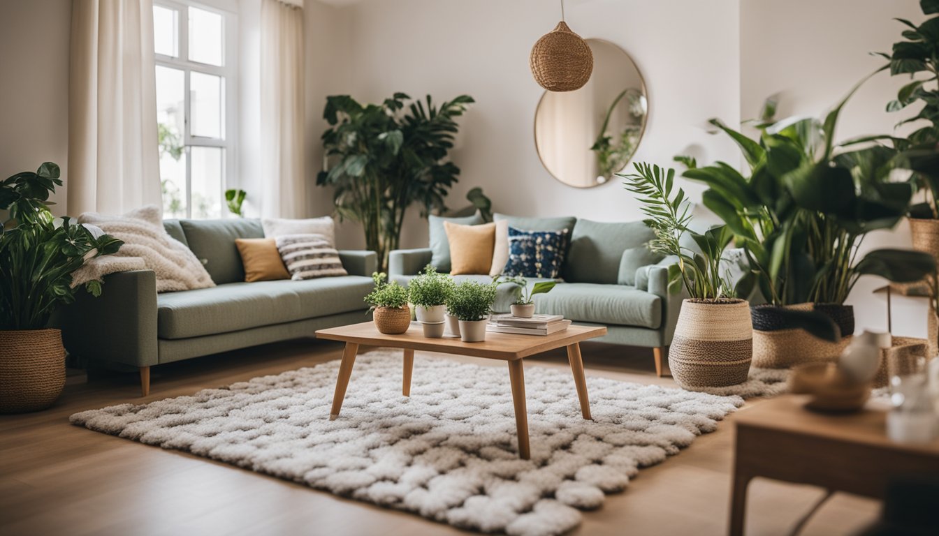 A cozy living room with eco-friendly carpeting, surrounded by potted plants and sustainable home decor