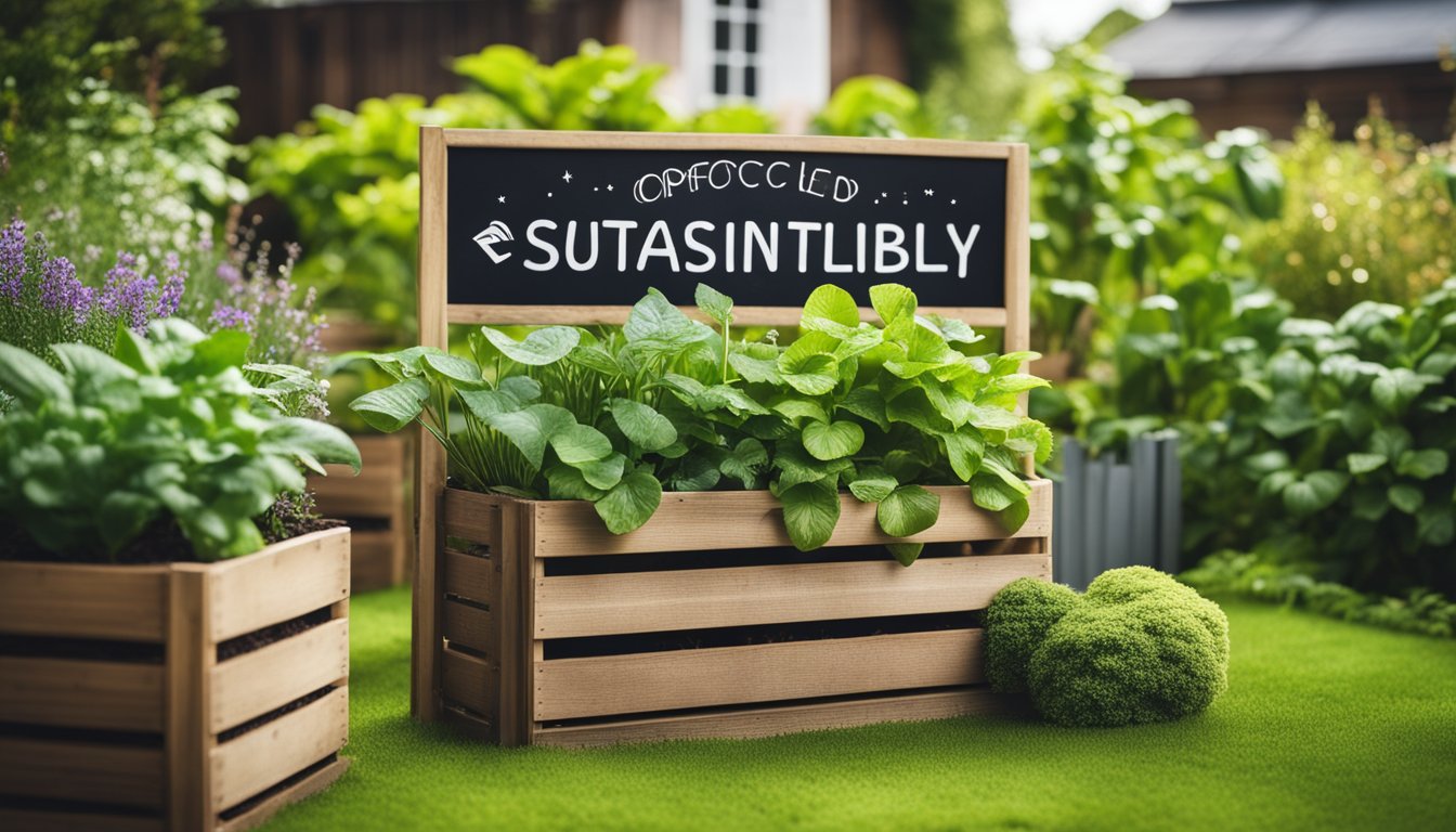 A lush garden with recycled planters, solar-powered fairy lights, and a compost bin. A wooden sign promotes sustainability