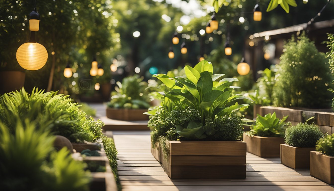 A lush garden with eco-friendly decorations like solar-powered lights, recycled planters, and natural materials like wood and stone