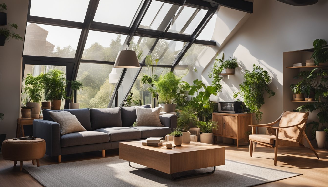 A cozy living room with energy-efficient lighting, recycled furniture, and indoor plants. A compost bin sits in the corner, and solar panels adorn the roof