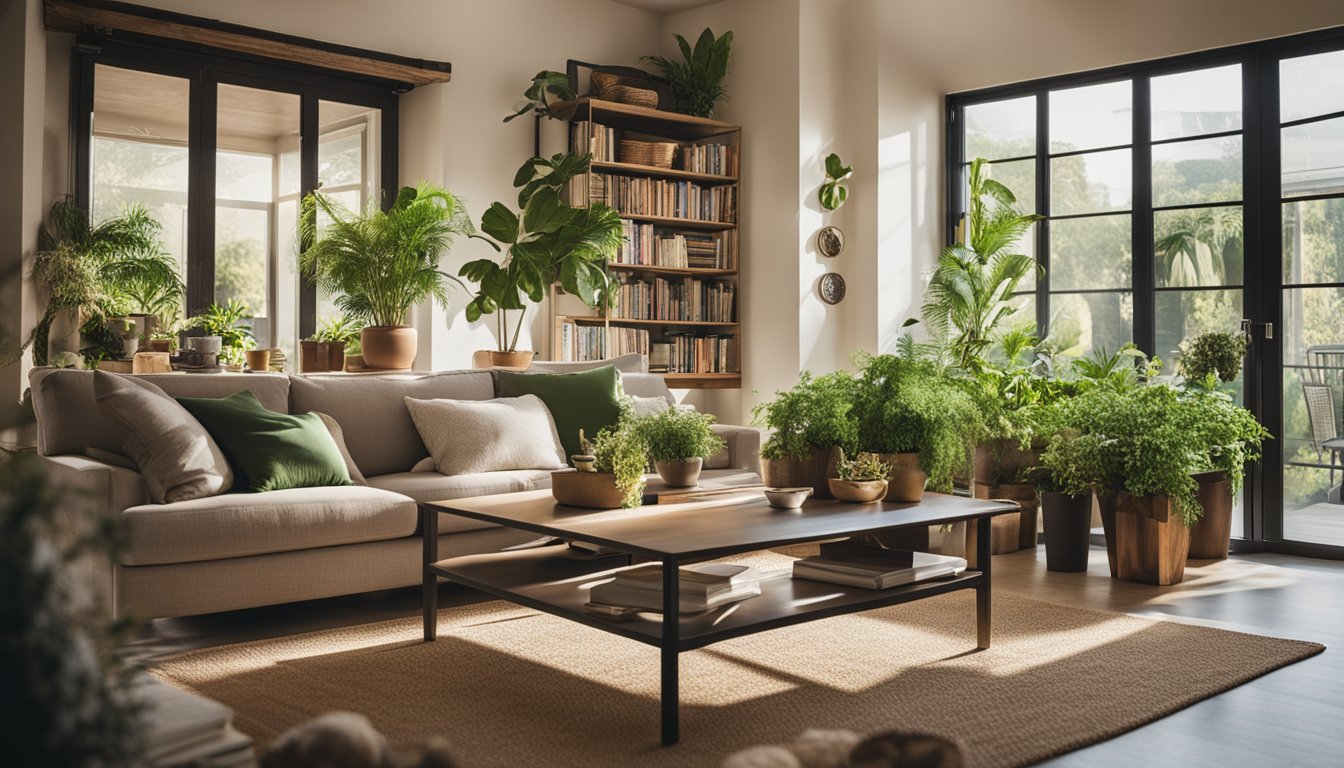 A cozy living room with energy-efficient light bulbs, potted plants, and upcycled furniture. An open book with "Frequently Asked Questions Green Tips For Budget-Friendly Home Improvements" on a coffee table