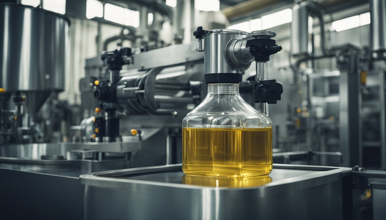 A large industrial machine converts used cooking oil into renewable fuels, with workers monitoring the process in a clean and efficient facility