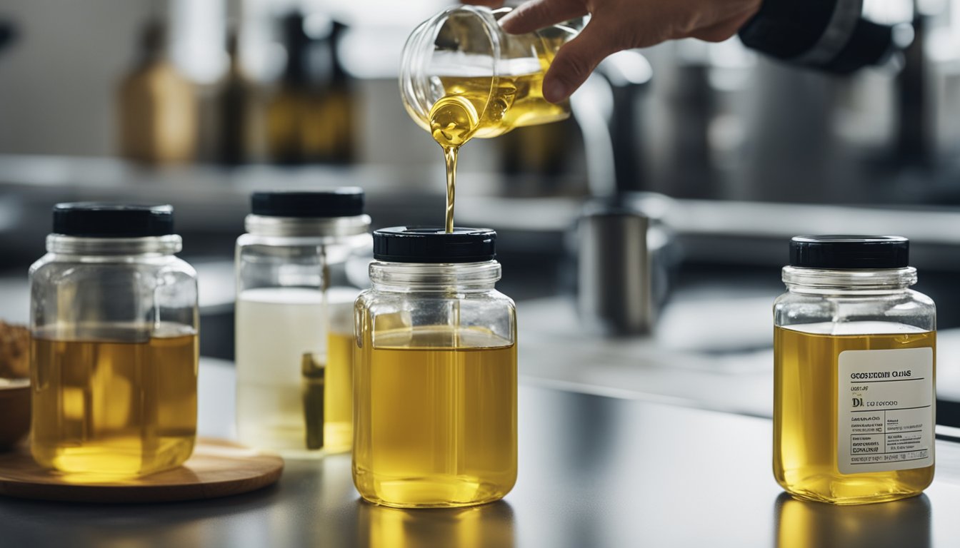 A kitchen with various cooking oils being poured into labeled recycling containers