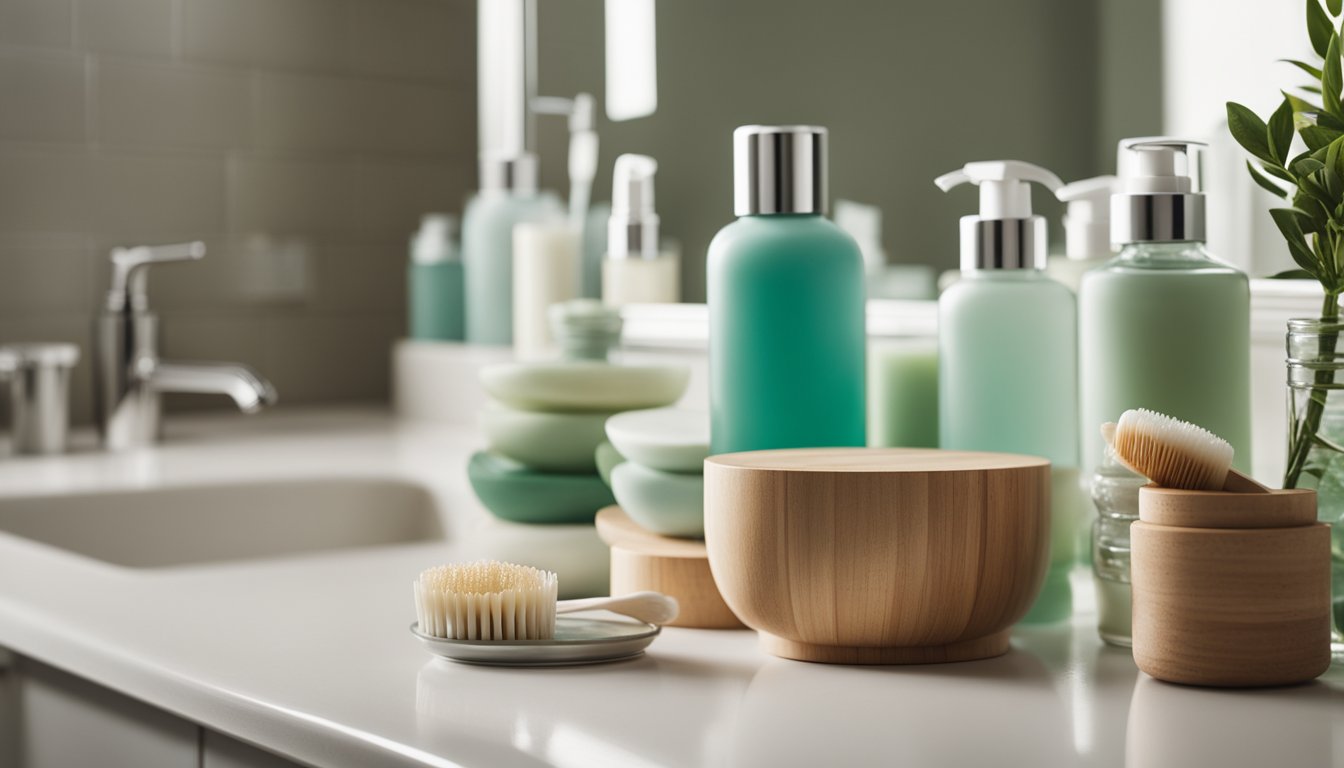 A clutter-free bathroom counter with reusable containers for skincare products, a bamboo toothbrush, and a refillable glass bottle for homemade beauty products