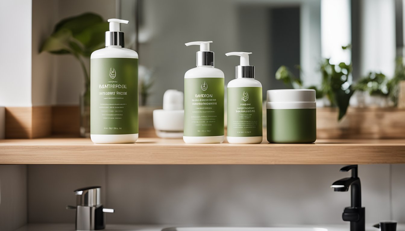 A clutter-free bathroom counter with reusable containers for beauty products, a bamboo toothbrush, and a refillable glass water bottle