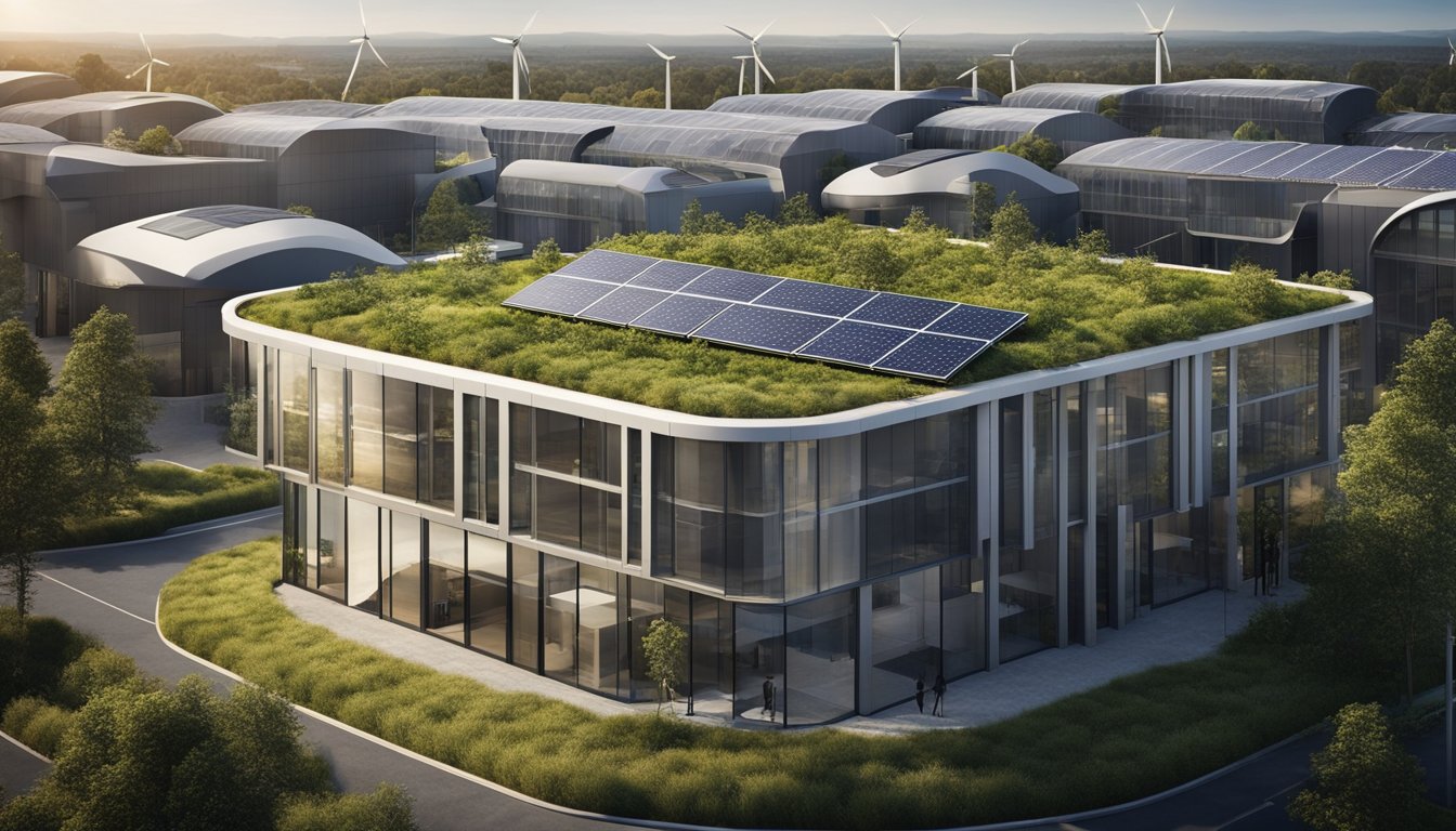 A modern, eco-friendly building with solar panels, green roofs, and recycled materials. Wind turbines and rainwater collection systems are also visible