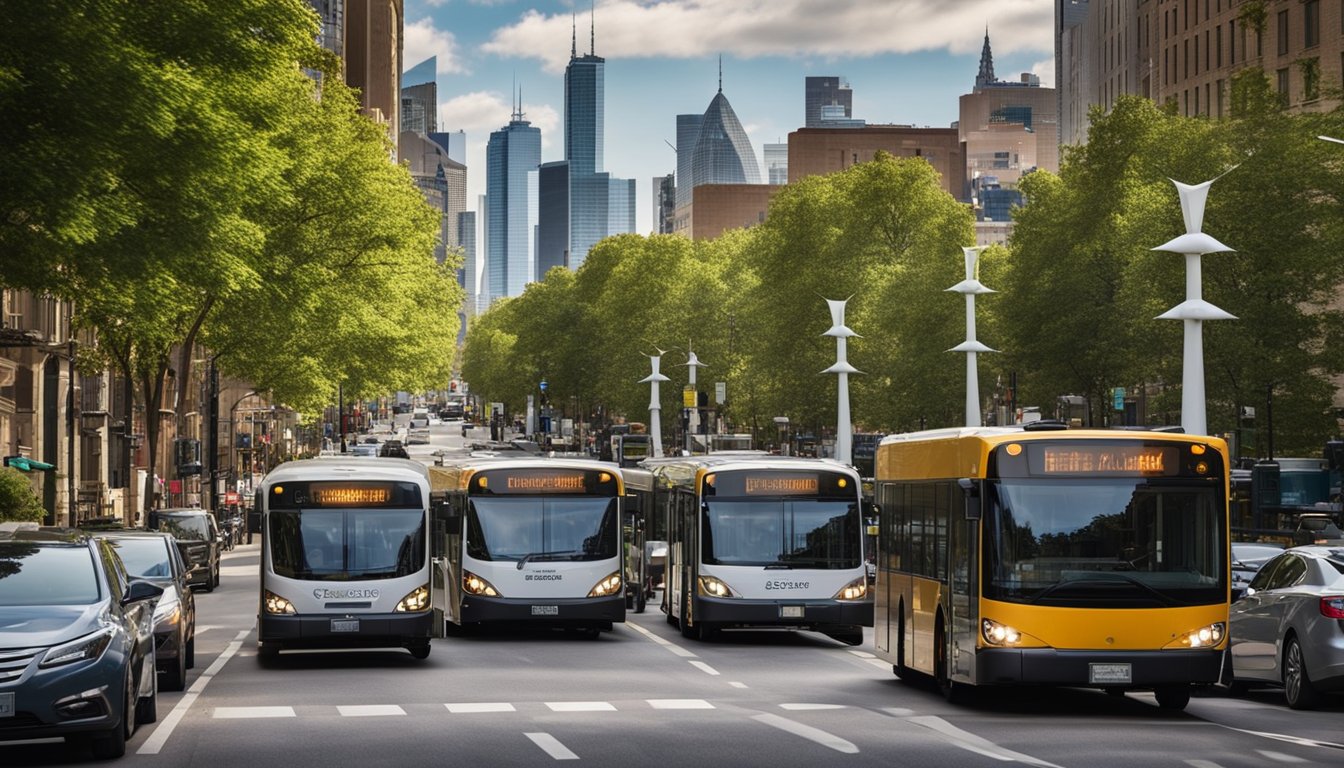 A bustling urban street with electric buses, bike lanes, and community gardens. Solar panels and wind turbines power the city skyline