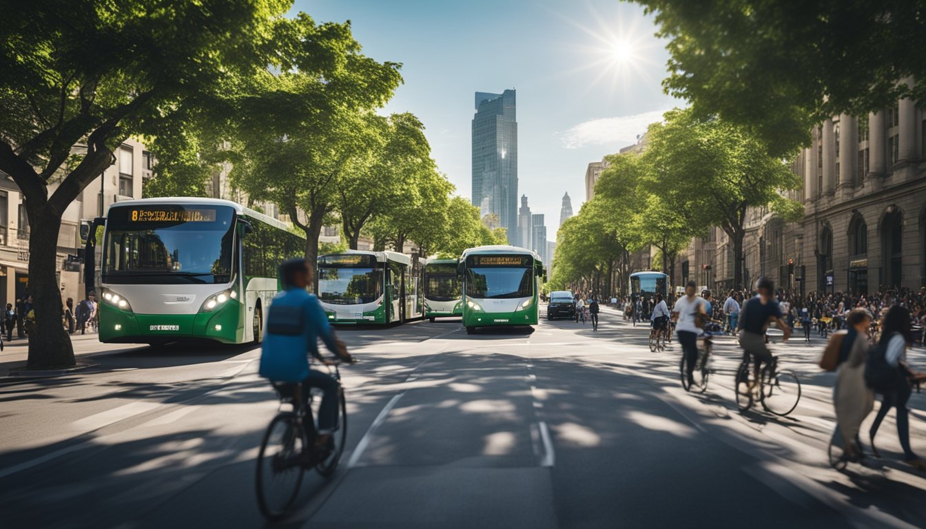 A bustling city street with electric buses, bicycles, and pedestrians. Greenery lines the sidewalks and solar panels adorn the rooftops