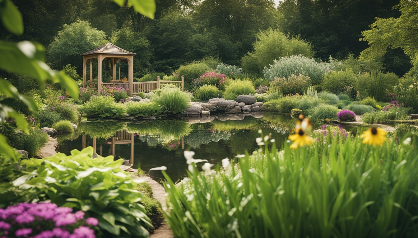 A lush garden with native plants, bird feeders, and a small pond. Various wildlife, such as birds, butterflies, and bees, are seen enjoying the garden