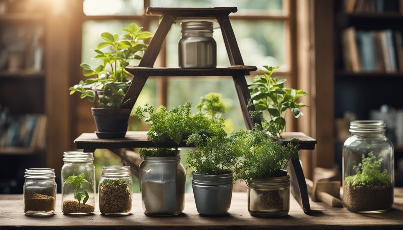 A collection of old household items transformed into new and creative uses, such as a repurposed ladder serving as a bookshelf and old jars turned into planters