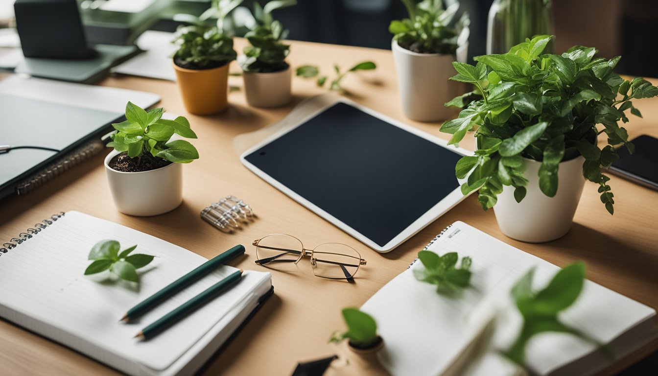 A desk with eco-friendly school supplies such as recycled paper, reusable water bottle, and biodegradable pencils, surrounded by green plants