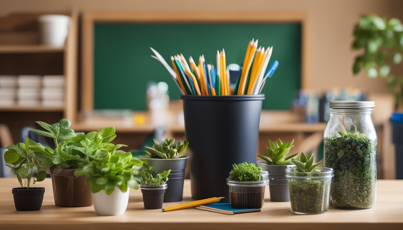 A classroom filled with eco-friendly school supplies, such as recycled paper, reusable water bottles, and biodegradable pencils, alongside potted plants and a compost bin