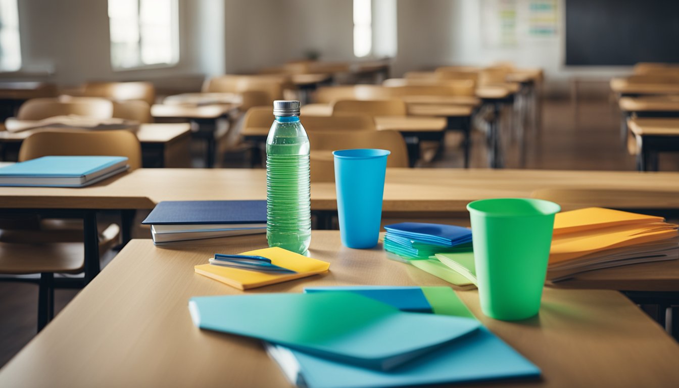 A vibrant classroom scene with eco-friendly school supplies such as reusable water bottles, recycled paper notebooks, and biodegradable pencils on a wooden desk